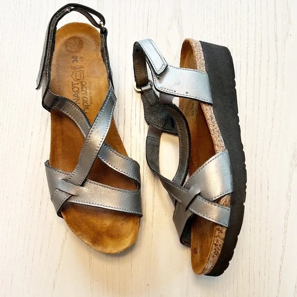 NAOT Bernice Cross Strap Leather Sandals Silver size 36 EU US 5